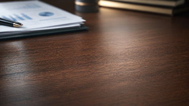 Dark wooden desk surface with blurred business documents and pen in office environment.