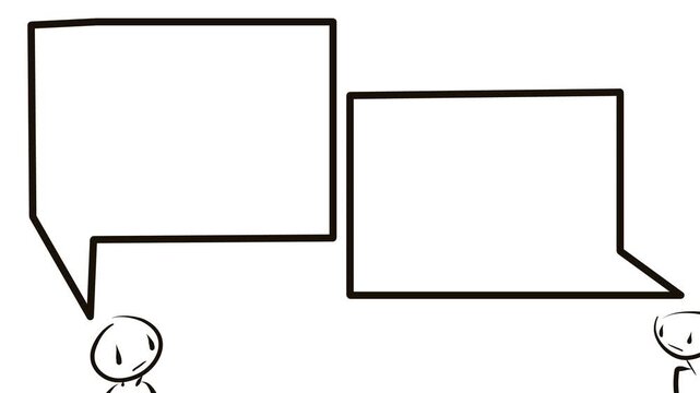 Two cartoon characters are having a conversation. Above their heads are dialog boxes for inserting text.