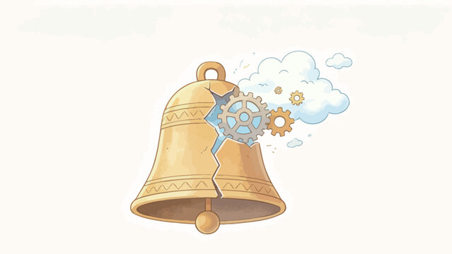 Cracked Golden Bell with Gears Emerging from Clouds, Steampunk Illustration