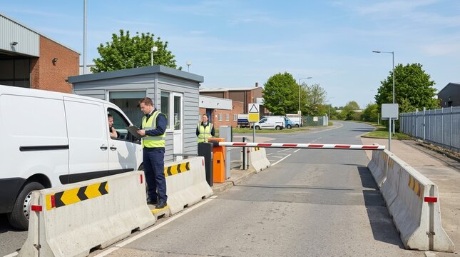 Security guard checking a white van at an industrial checkpoint. Male and female officers in high-visibility vests at a barrier gate. Access control and facility security concept