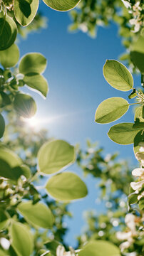 Sunlight shining through fresh green leaves against a clear blue sky, vertical photo capturing the beauty of spring nature and vibrant foliage