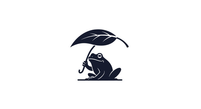 Minimalist frog silhouette sitting under a leaf umbrella.