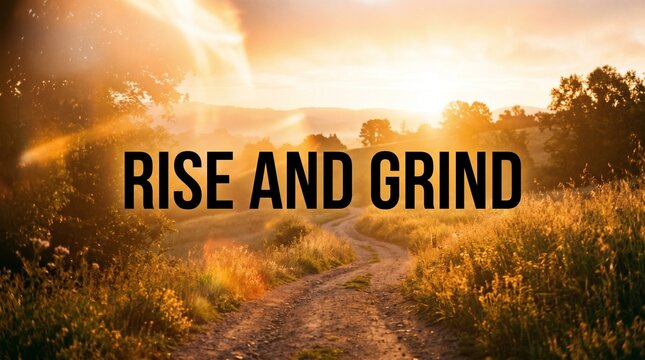 A dirt path winding through a golden meadow at sunrise with the text rise and grind overlaid in the center