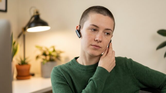Generative AI, Young woman with shaved head wearing headset listening during video call at home office