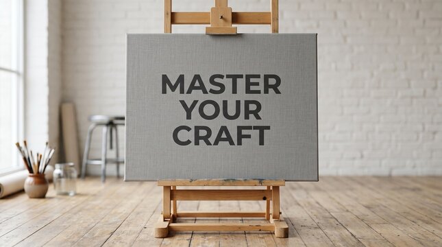 Blank canvas on a wooden easel in a bright artist studio with painting supplies and a stool in the background