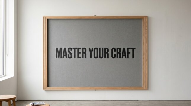 Master your craft sign on a grey fabric wall background in a minimalist interior
