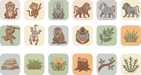 Detailed set of baboon monkey icons with various jungle elements and foliage in a clean flat vector style © MDSHAJAHAN