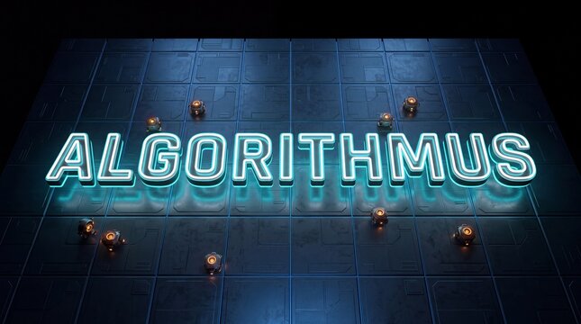 Leuchtender Neon-Schriftzug Algorithmus schwebt &uuml;ber einem futuristischen Roboterboden im Serverraum