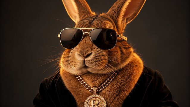 Portrait of a cool rabbit wearing gold sunglasses and a chain necklace