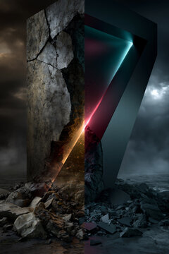 old and new divided abstract design, retro and futuristic split poster background with bold contrast, past versus future dual background with neon and vintage textures