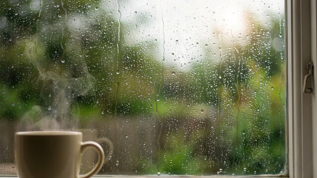 Cozy ceramic coffee mug emitting steam on wooden windowsill looking out towards rain blurred green garden scenery through glass pane with many water droplets.