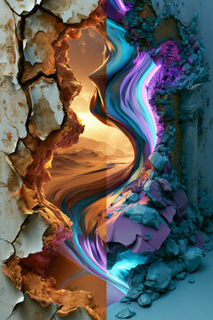 old and new divided abstract design, retro and futuristic split poster background with bold contrast, past versus future dual background with neon and vintage textures