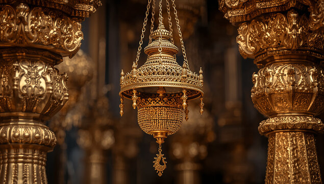 Ornate golden hanging lamp in traditional temple architecture with architecture interior traditional ceremonial religion spiritual intricate heritage monument sanctuary building historical