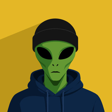 Green Alien Wearing Beanie and Hoodie Flat Vector Character Avatar Illustration