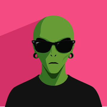 Green Alien Avatar Wearing Sunglasses and Earrings Flat Vector Portrait Illustration