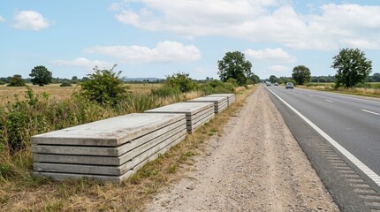 Fototapeta premium Stacks of concrete slabs on a wide roadside shoulder. Cement building materials stored beside an asphalt highway under a cloudy sky