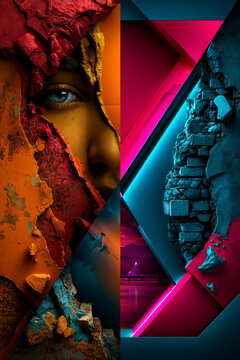 old and new divided abstract design, retro and futuristic split poster background with bold contrast, past versus future dual background with neon and vintage textures