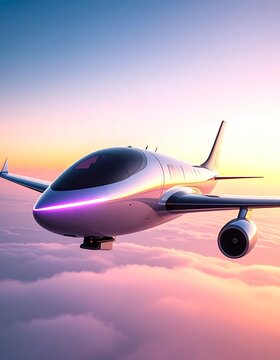 Airplane flying through sunset sky clouds.