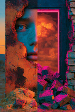 old and new divided abstract design, retro and futuristic split poster background with bold contrast, past versus future dual background with neon and vintage textures