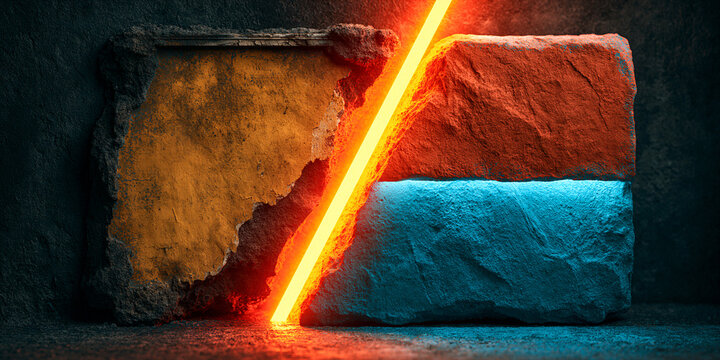 old and new divided abstract design, retro and futuristic split poster background with bold contrast, past versus future dual background with neon and vintage textures