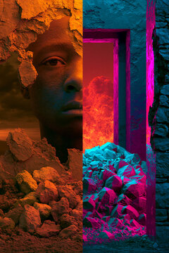 old and new divided abstract design, retro and futuristic split poster background with bold contrast, past versus future dual background with neon and vintage textures