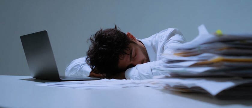 Exhausted person sleeping at a messy desk.