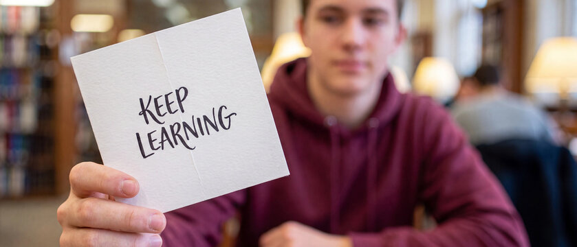 Young man holding a card with the text keep learning written on it in a library setting