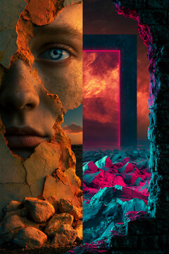 old and new divided abstract design, retro and futuristic split poster background with bold contrast, past versus future dual background with neon and vintage textures