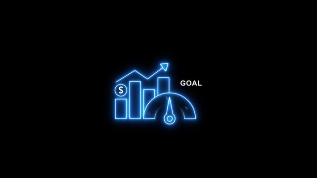 Neon financial growth chart and performance gauge animation for business success and goal achievement