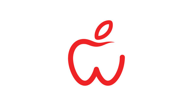 Red line art apple logo with leaf detail.