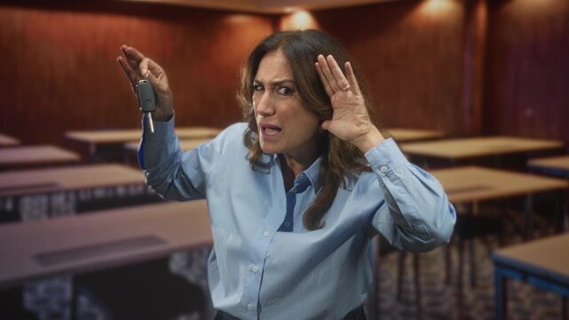 Woman holding car keys raises hand to ear in a classroom building, holding keys aloft while listening and searching for a signal; frustration urgency.