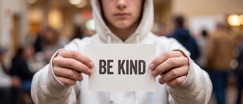 Closeup of a young person in a hoodie holding a sign that says be kind, promoting kindness, empathy, and positive social behavior