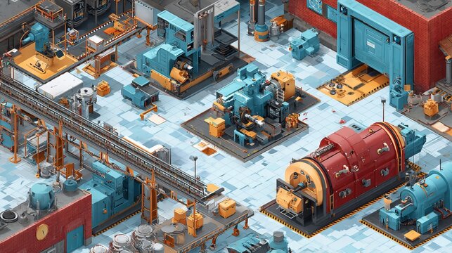 Factory construction interior with industrial manufacturing equipment, modern production LINE and engineering technology in large industrial facility