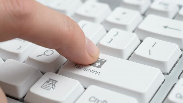 Right index finger presses white keyboard key marked tax saving with folder icon and upward arrow in tight office closeup, showing finance business document management digital workflow concept