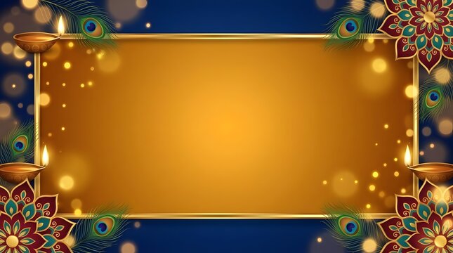 Golden Indian festive frame with peacock feathers and oil lamps for cards