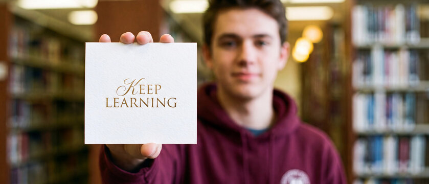 Young man holding a sign that says keep learning in a library