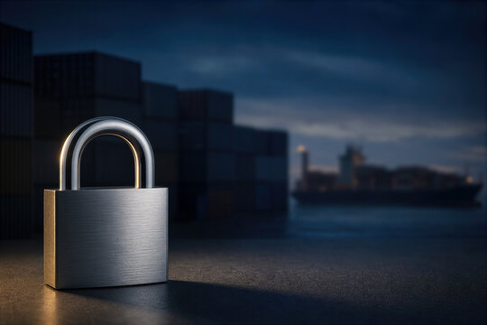 Large brushed silver padlock on dark surface with blurred cargo containers and container ship symbolizing trade sanctions snap-back lockout compliance risk international trade embargo
