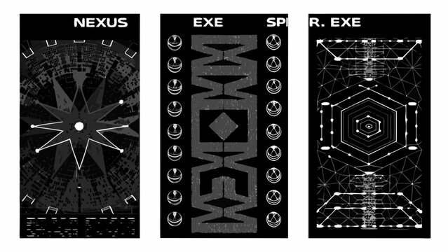 Geometric vector illustrations with text overlays monochrome designs on a black background abstract algorithm angular application
