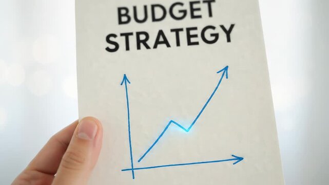 Left hand holds small spiral bound notepad vertically against soft out of focus white background while page shows bold business headline and blue hand drawn line graph with axes for finance planning