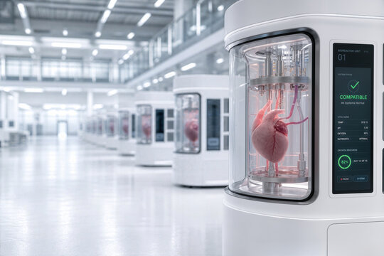 Biomanufacturing facility with bioreactor cultivating bioengineered human heart organ for xenotransplantation compatible tag regenerative medicine mass production biotechnology