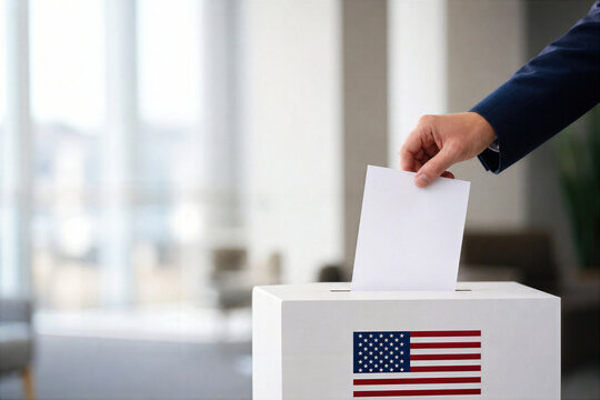 USA 2026 midterm election ballot being cast into modern ballot box by professional hand symbolizing voting democracy civic duty leadership corporate editorial news header