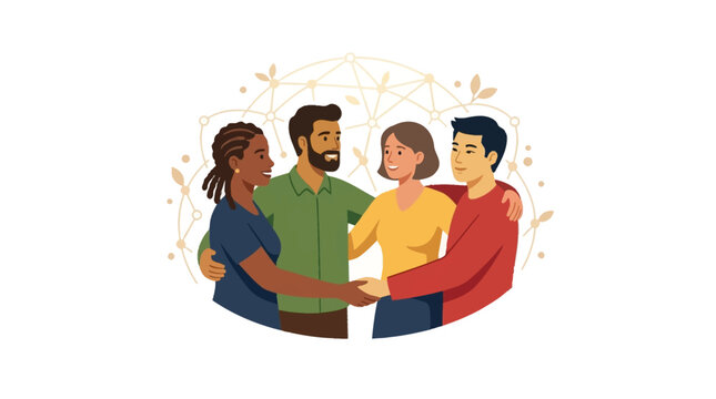 Diverse group of friends hugging in a circle representing unity and inclusion.