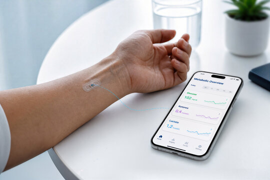 Implantable bio-chip metabolic monitoring on forearm with smartphone real-time personalized health tracking biosensor patch metabolic overview wearable digital health innovation