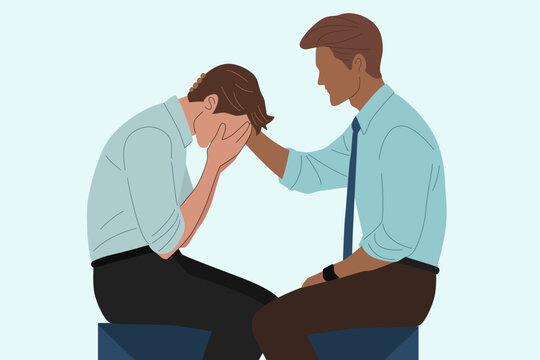 businessman comfort sad stress man, mental health support  concept, vector cartoon art