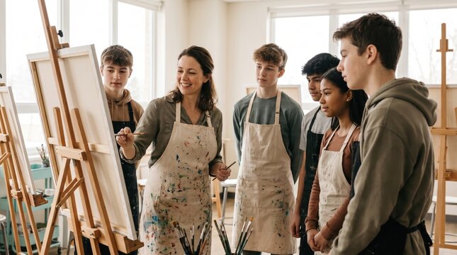 Female art teacher demonstrating painting techniques to teenage students in a bright studio, focusing on creative education and mentorship in a school workshop.