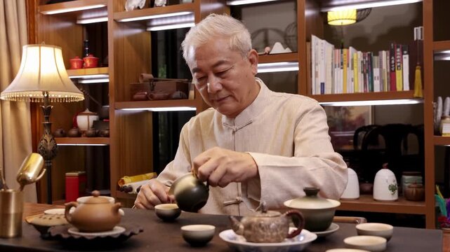 Senior man pours steaming hot tea from traditional pot into small cups, performing traditional tea ceremony culture with steam rising, for relaxation culture, lifting the cup to savoring aroma sipping