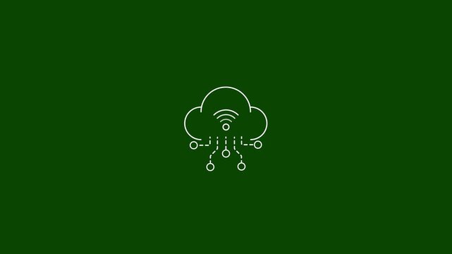 Minimalist cloud computing network animation on green background, technology digital internet