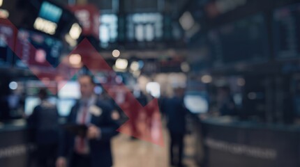 Fototapeta premium Red downward economic arrow chart over blurred stock trading floor