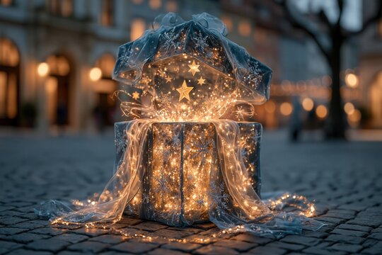 a festive gift box with the lid opening upward as the street decoration