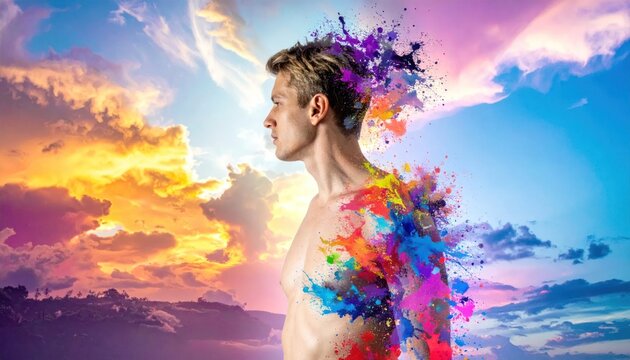 Artistic man portrait with paint splatter and sunset.